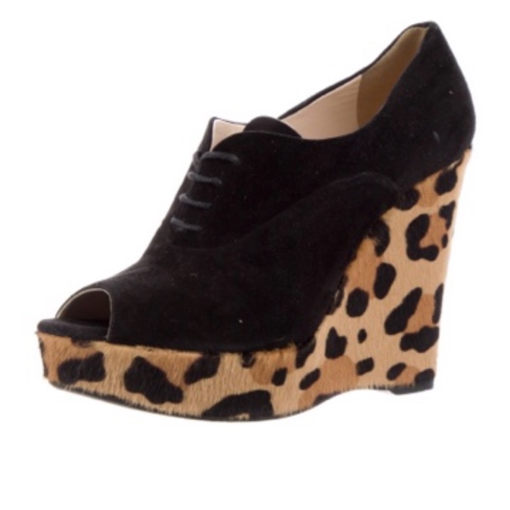 Prada open toe pumps wedge heels suede Ponyhair black leopard 36